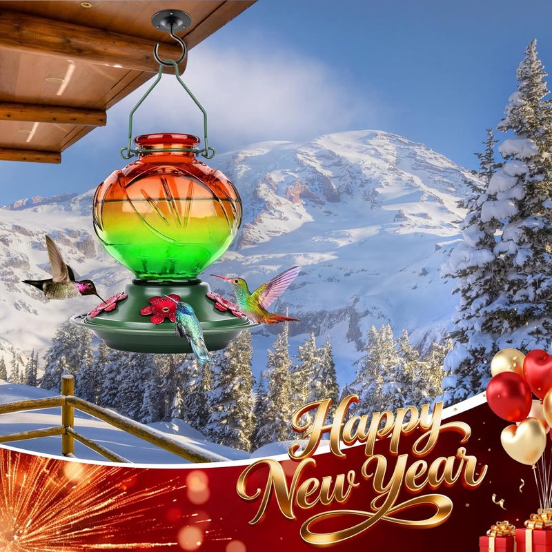 BOLITE Hummingbird Feeder, Glass Hummingbird Feeders for Outdoors Hanging, 22 Ounce, Five Feeding Ports with Perch, Peony Flower Shape, Orange and Green, Gifts for Women Men, Gifts for Mom Dad - Image 2
